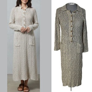 Vintage Pallas Irish Linen Sweater Dress Beige Cream Women’s Small Midi Buttons